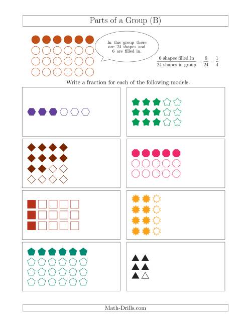 The Parts of a Group Fraction Models Up to Eighths (B) Math Worksheet