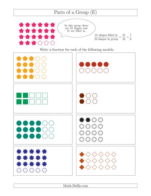 The Parts of a Group Fraction Models Up to Eighths (E) Math Worksheet