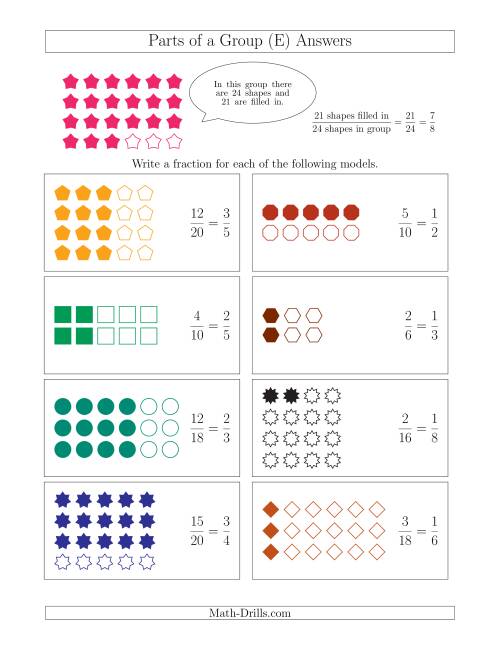 The Parts of a Group Fraction Models Up to Eighths (E) Math Worksheet Page 2