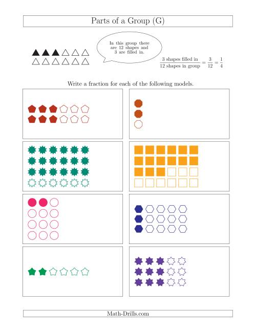 The Parts of a Group Fraction Models Up to Eighths (G) Math Worksheet