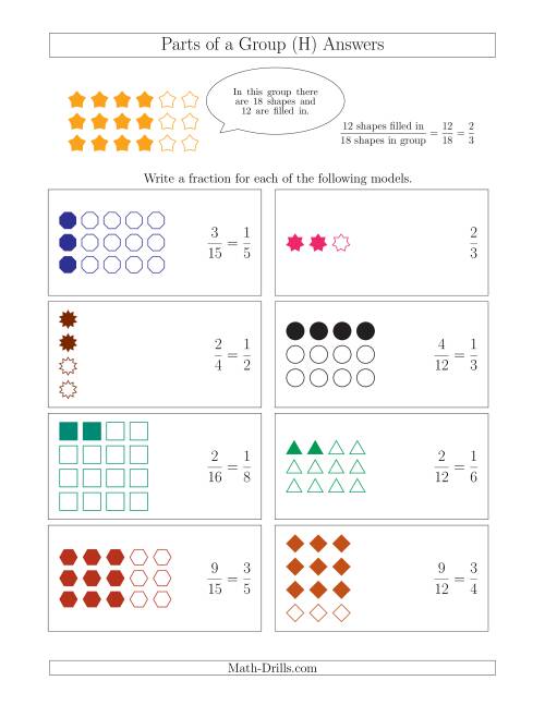 The Parts of a Group Fraction Models Up to Eighths (H) Math Worksheet Page 2