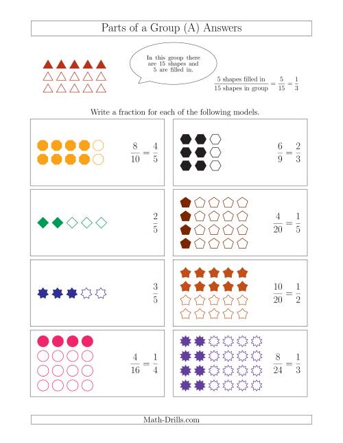 The Parts of a Group Fraction Models Up to Fifths (A) Math Worksheet Page 2