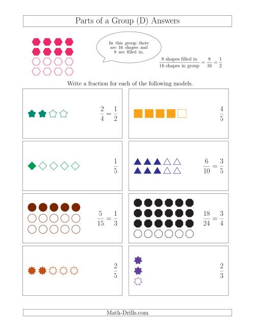 The Parts of a Group Fraction Models Up to Fifths (D) Math Worksheet Page 2