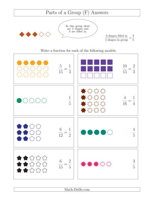The Parts of a Group Fraction Models Up to Fifths (F) Math Worksheet Page 2