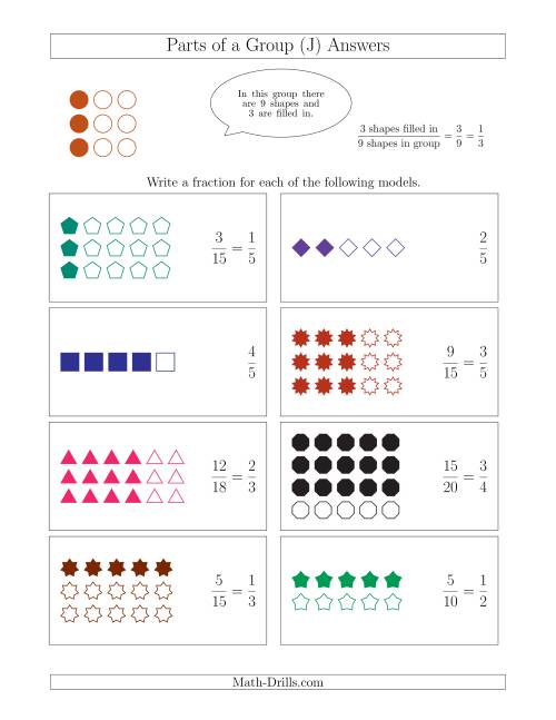 The Parts of a Group Fraction Models Up to Fifths (J) Math Worksheet Page 2