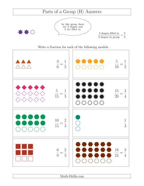 The Parts of a Group Fraction Models Up to Fourths (H) Math Worksheet Page 2