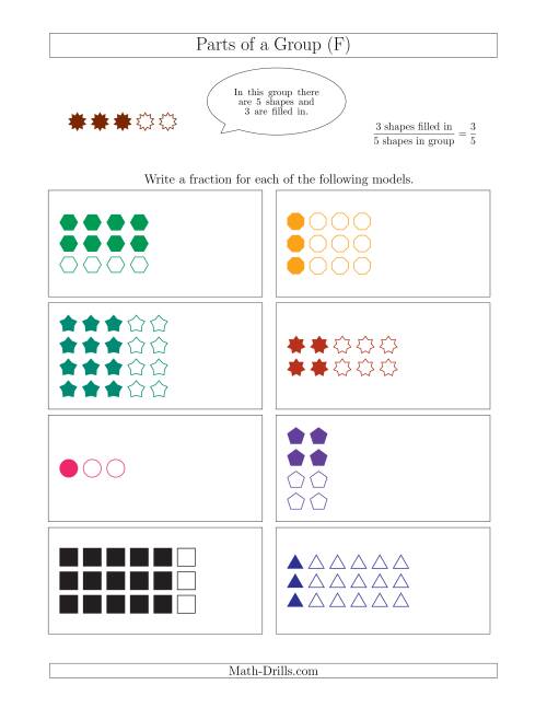The Parts of a Group Fraction Models Up to Sixths (F) Math Worksheet