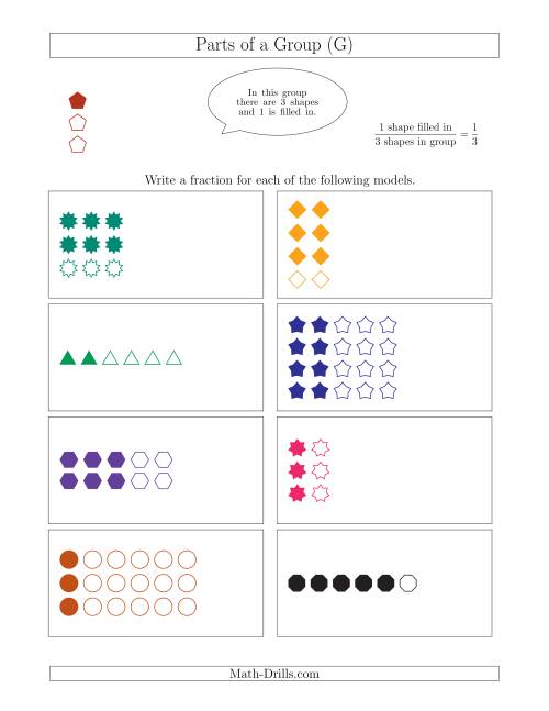 The Parts of a Group Fraction Models Up to Sixths (G) Math Worksheet
