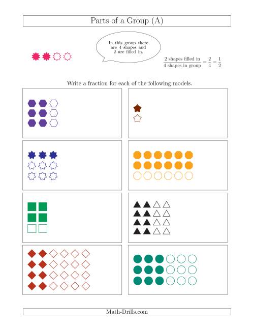 The Parts of a Group Fraction Models with Halves and Thirds (A) Math Worksheet