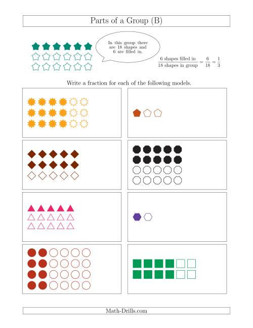 The Parts of a Group Fraction Models with Halves and Thirds (B) Math Worksheet