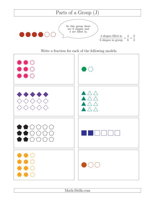 The Parts of a Group Fraction Models with Halves and Thirds (J) Math Worksheet