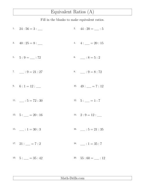 The Equivalent Ratios with Blanks (A) Math Worksheet