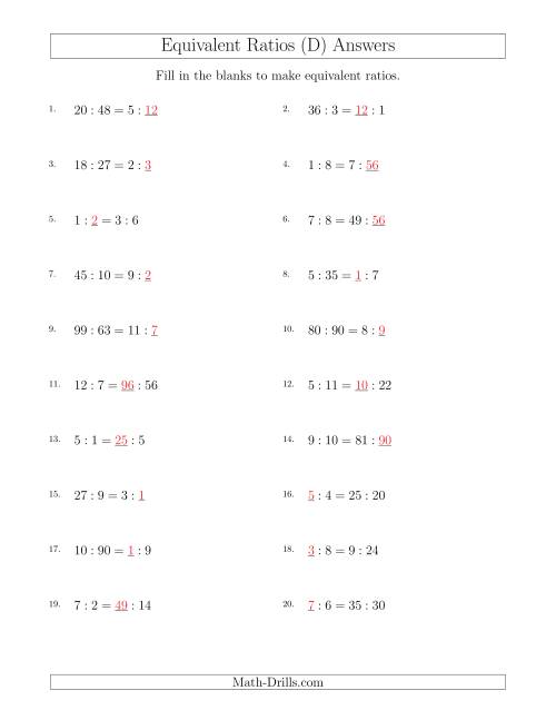 The Equivalent Ratios with Blanks (D) Math Worksheet Page 2