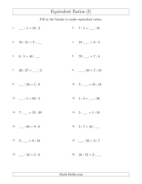The Equivalent Ratios with Blanks (I) Math Worksheet