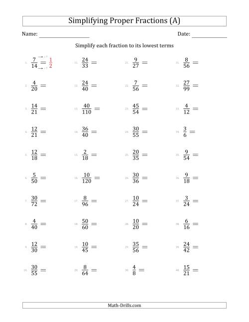 The Simplifying Proper Fractions to Lowest Terms (Easier Questions) (A) Math Worksheet