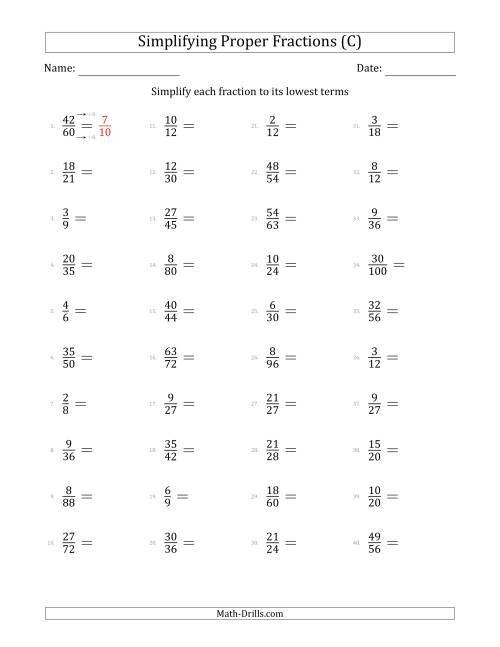 Simplifying Proper Fractions to Lowest Terms (Easier Questions) (C)