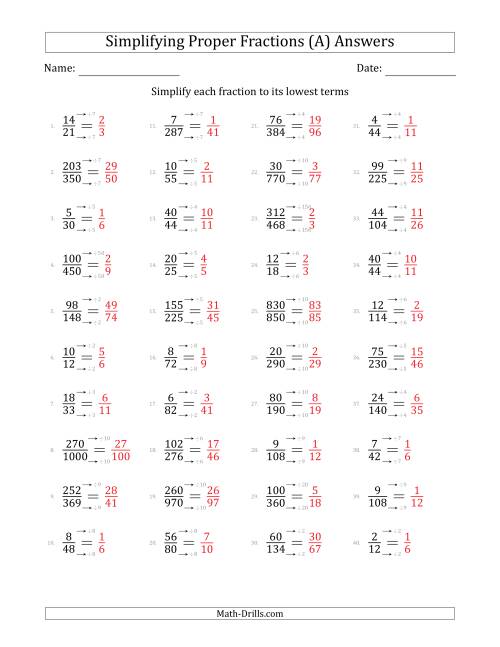 The Simplifying Proper Fractions to Lowest Terms (Harder Questions) (A) Math Worksheet Page 2