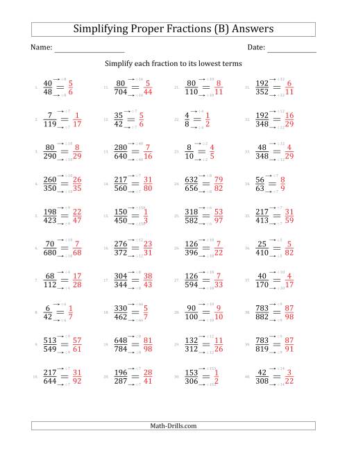The Simplifying Proper Fractions to Lowest Terms (Harder Questions) (B) Math Worksheet Page 2