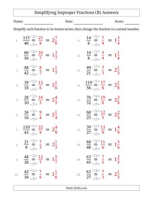 Simplifying Improper Fractions to Lowest Terms (Easier Questions) (B)