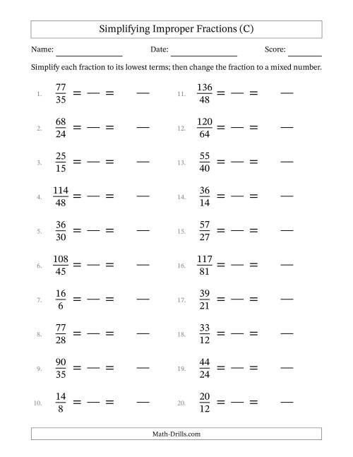 The Simplifying Improper Fractions to Lowest Terms (Easier Questions) (C) Math Worksheet