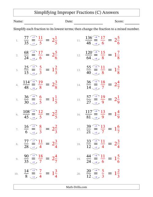 The Simplifying Improper Fractions to Lowest Terms (Easier Questions) (C) Math Worksheet Page 2