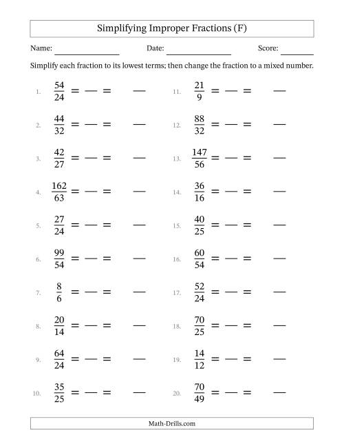 The Simplifying Improper Fractions to Lowest Terms (Easier Questions) (F) Math Worksheet