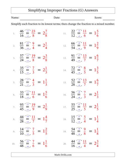 Simplifying Improper Fractions to Lowest Terms (Easier Questions) (G)