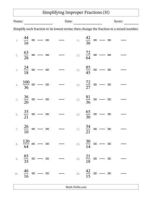 The Simplifying Improper Fractions to Lowest Terms (Easier Questions) (H) Math Worksheet