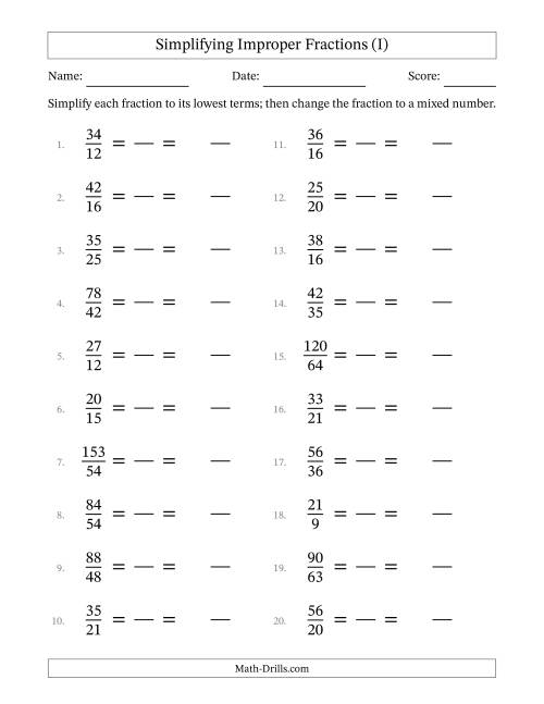 The Simplifying Improper Fractions to Lowest Terms (Easier Questions) (I) Math Worksheet