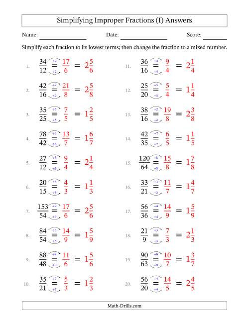 Simplifying Improper Fractions to Lowest Terms (Easier Questions) (I)