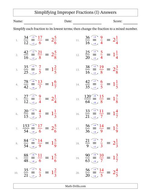 The Simplifying Improper Fractions to Lowest Terms (Easier Questions) (I) Math Worksheet Page 2