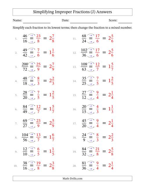 The Simplifying Improper Fractions to Lowest Terms (Easier Questions) (J) Math Worksheet Page 2