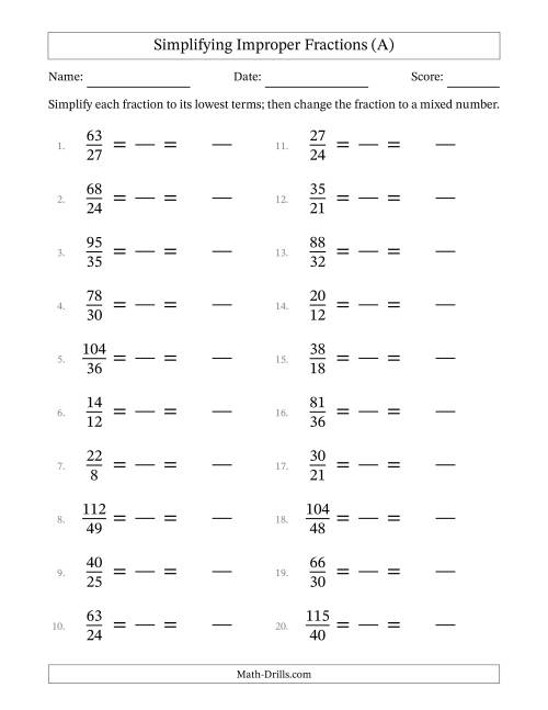 The Simplifying Improper Fractions to Lowest Terms (Easier Questions) (All) Math Worksheet