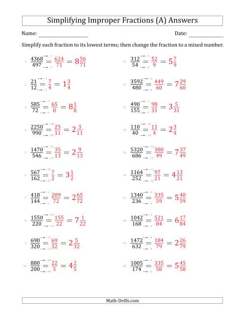 Simplifying Improper Fractions to Lowest Terms (Harder Questions) (A)