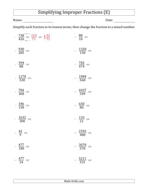 Simplifying Improper Fractions to Lowest Terms (Harder Questions) (E)