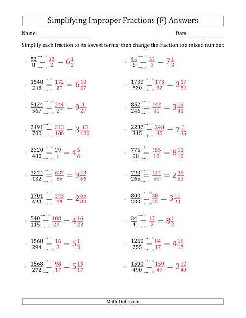 Simplifying Improper Fractions to Lowest Terms (Harder Questions) (F)