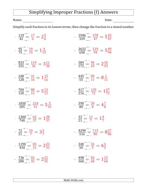 Simplifying Improper Fractions to Lowest Terms (Harder Questions) (I)
