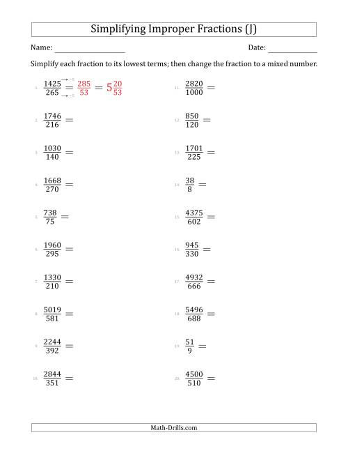 The Simplifying Improper Fractions to Lowest Terms (Harder Questions) (J) Math Worksheet