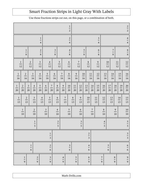 The Smart Fraction Strips in Light Gray With Labels Math Worksheet