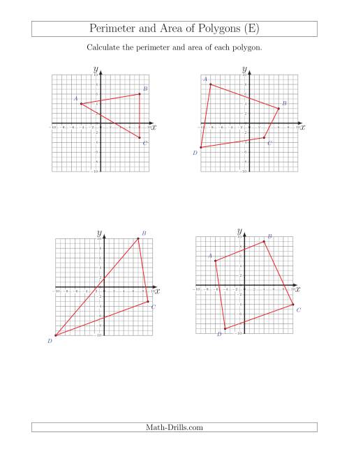 The Perimeter and Area of Polygons on Coordinate Planes (E) Math Worksheet