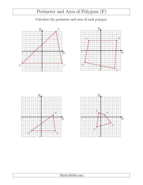 The Perimeter and Area of Polygons on Coordinate Planes (F) Math Worksheet