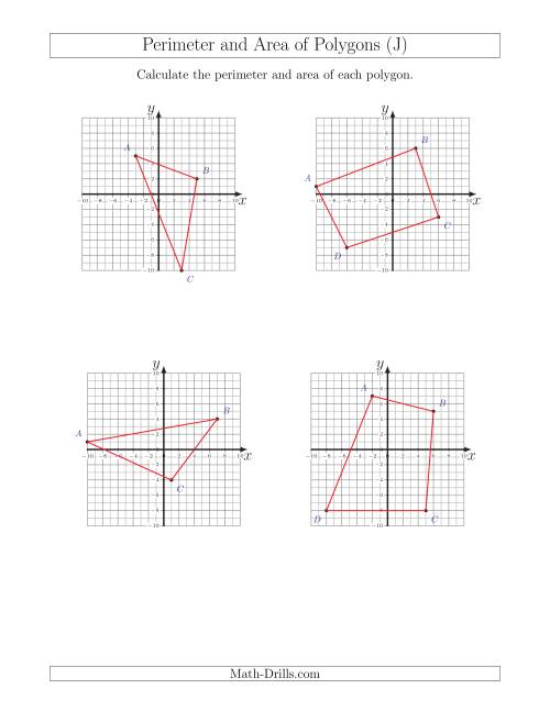 The Perimeter and Area of Polygons on Coordinate Planes (J) Math Worksheet