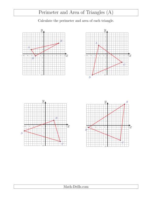 The Perimeter and Area of Triangles on Coordinate Planes (A) Math Worksheet