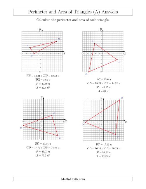 The Perimeter and Area of Triangles on Coordinate Planes (A) Math Worksheet Page 2