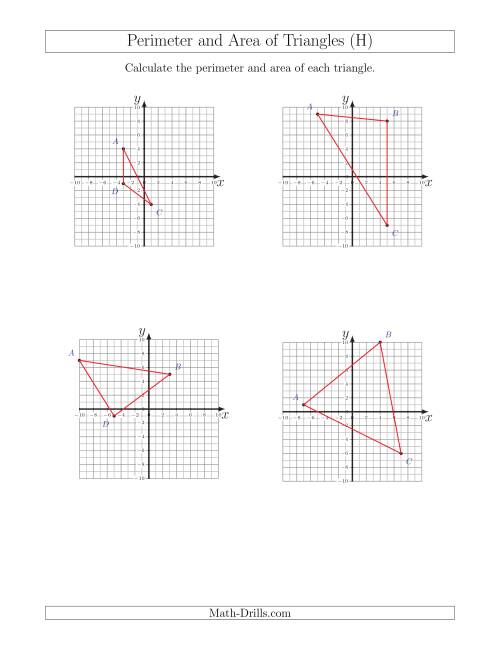 The Perimeter and Area of Triangles on Coordinate Planes (H) Math Worksheet