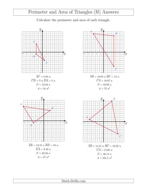 The Perimeter and Area of Triangles on Coordinate Planes (H) Math Worksheet Page 2