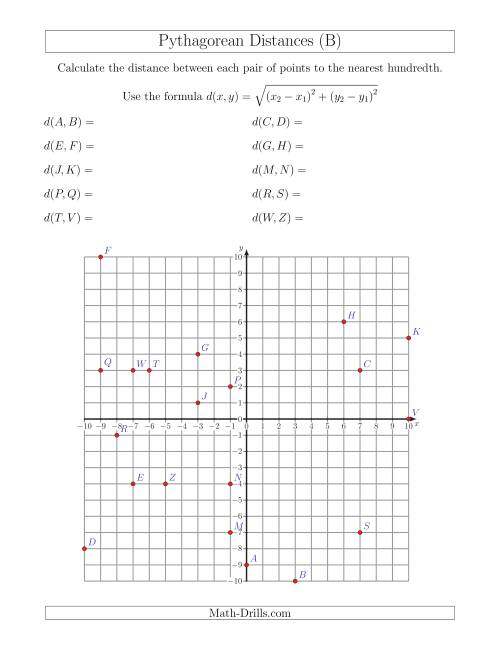 The Calculating the Distance Between Two Points Using Pythagorean Theorem (B) Math Worksheet