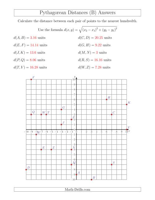 The Calculating the Distance Between Two Points Using Pythagorean Theorem (B) Math Worksheet Page 2