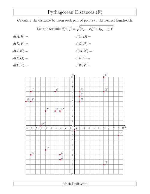 The Calculating the Distance Between Two Points Using Pythagorean Theorem (F) Math Worksheet