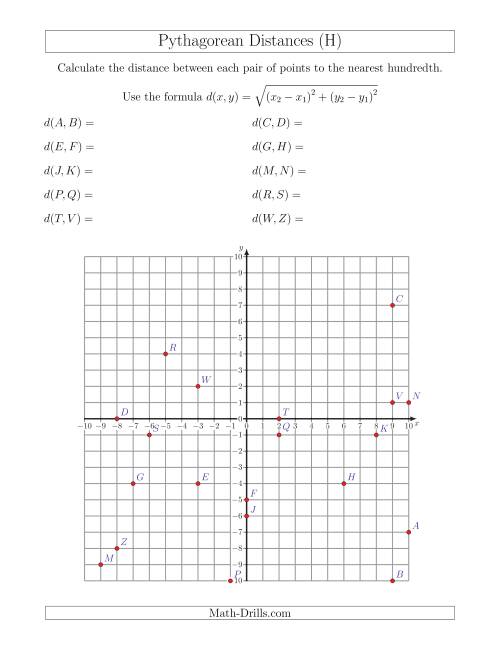 The Calculating the Distance Between Two Points Using Pythagorean Theorem (H) Math Worksheet